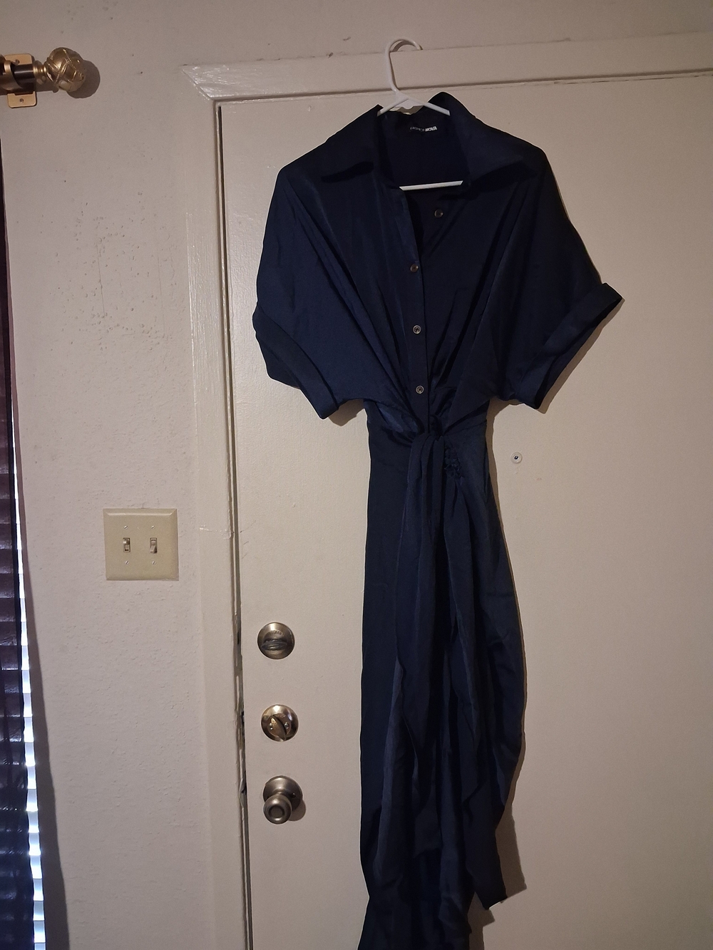 Fashion Nova Navy Button-Front Maxi Shirt Dress with Tie